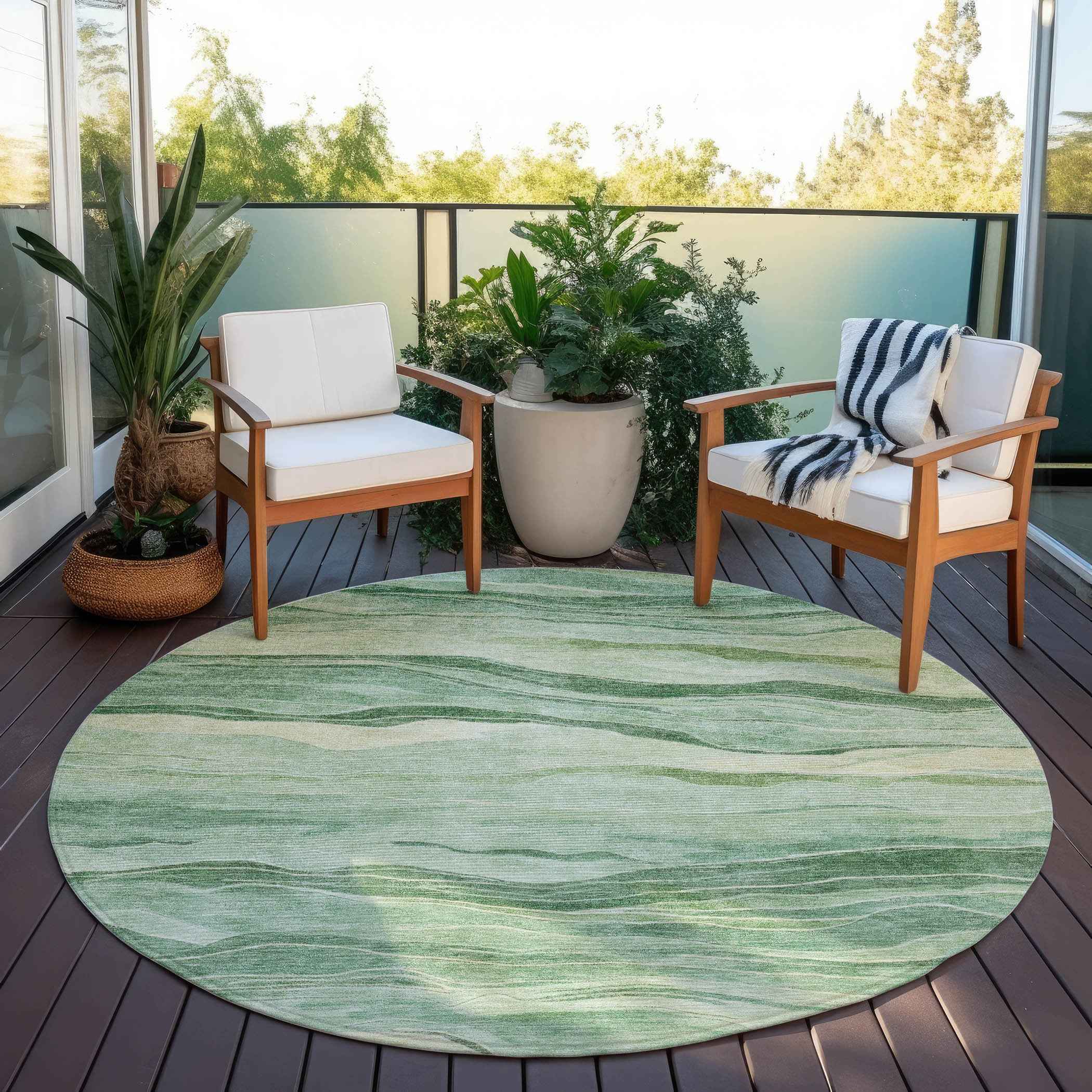 8' Green Round Striped Washable Indoor Outdoor Area Rug