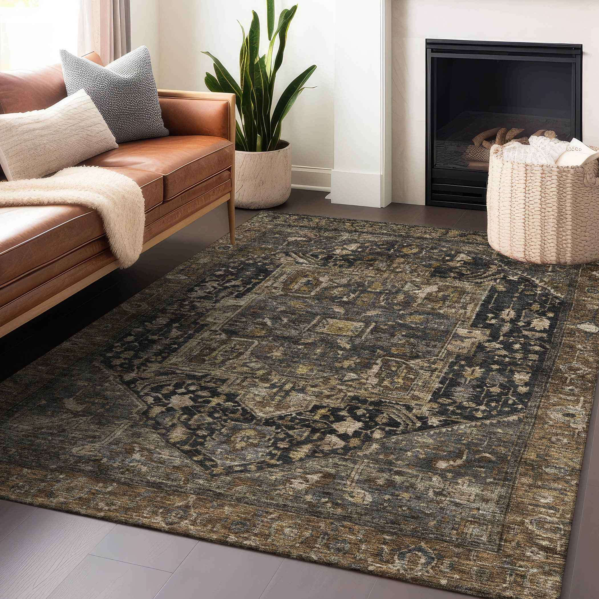 9' X 12' Brown Medallion Washable Indoor Outdoor Area Rug