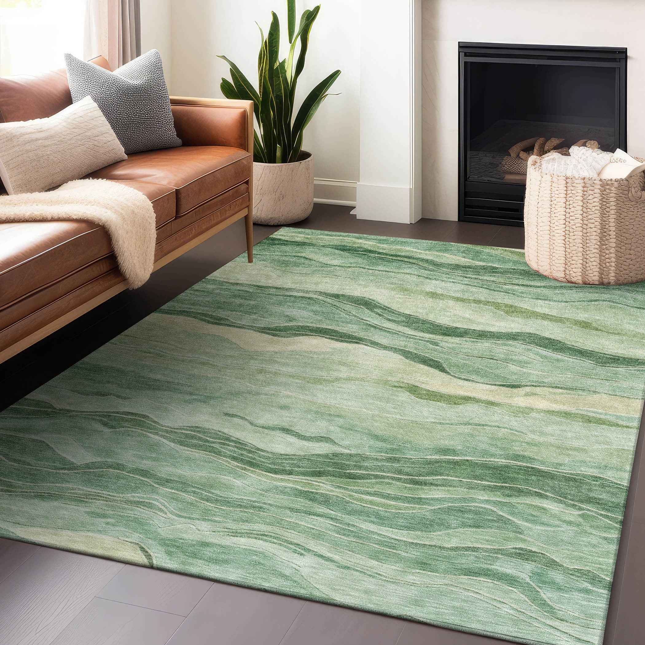 9' X 12' Green Striped Washable Indoor Outdoor Area Rug