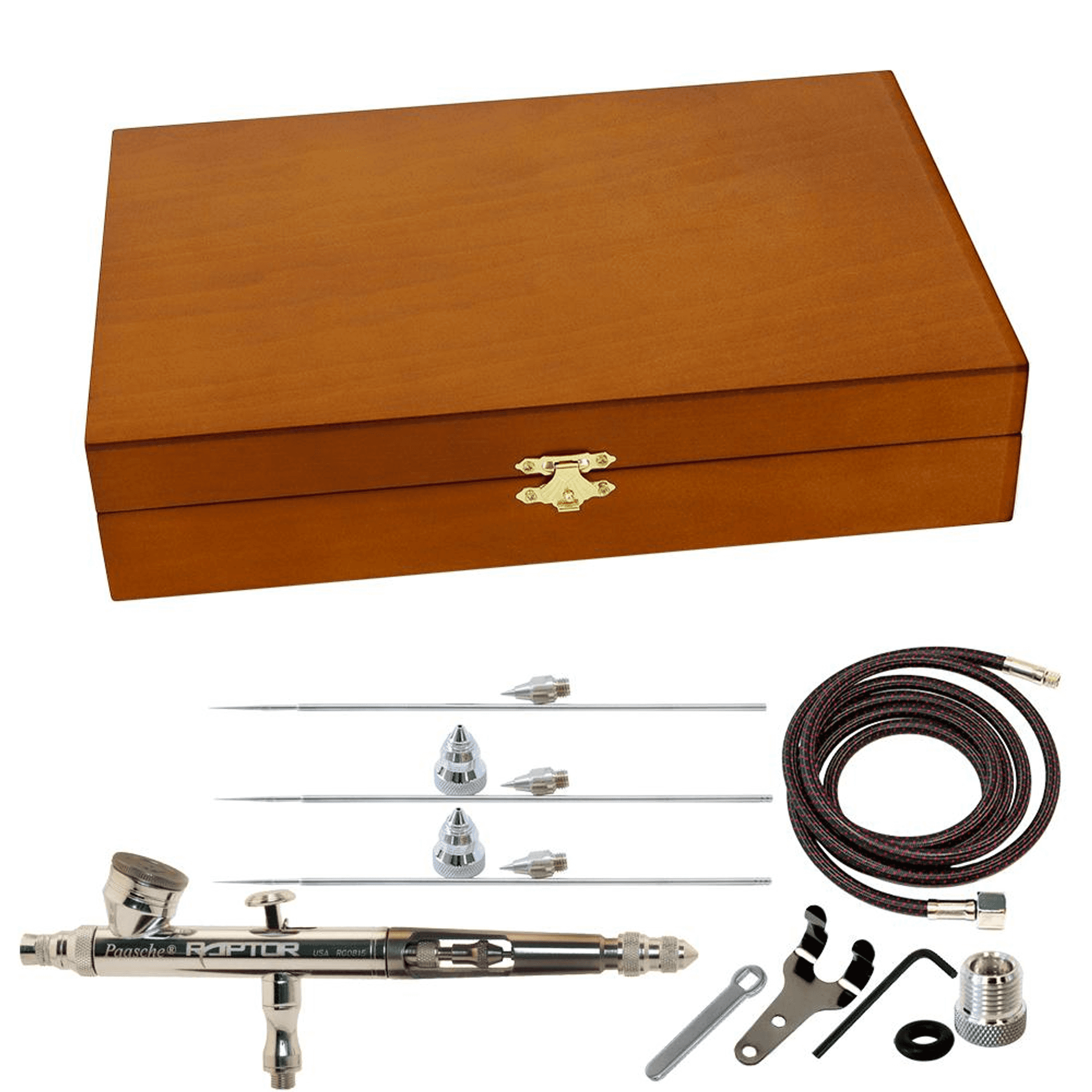 Wooden case airbrush kit with airbrush, hoses, fittings, cups, and tools