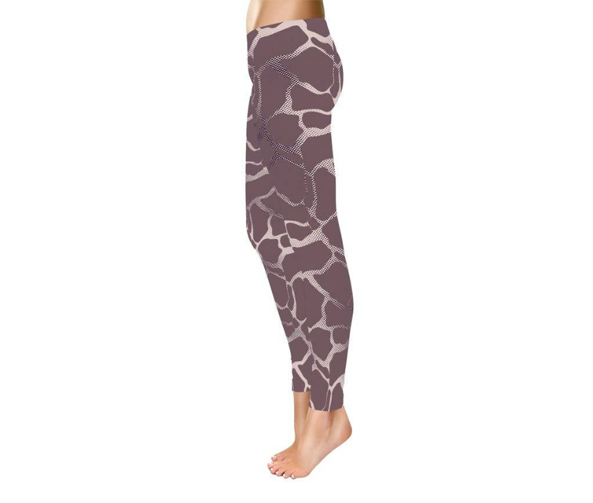 Mauve full-length leggings with giraffe-pattern print, slim fit, ankle length.