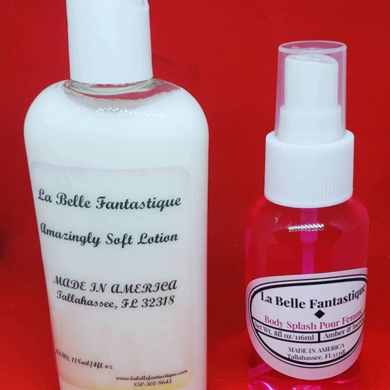 La Belle Fantastique soft lotion bottles, tall white bottle and amber pump with white cap