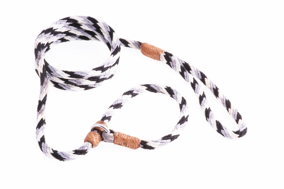 Black-and-white braided nylon slip leash with two tan stoppered ends