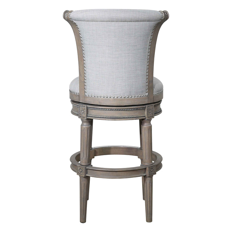 30" Gray Solid Wood and Linen Bar Height Swivel Bar Chair