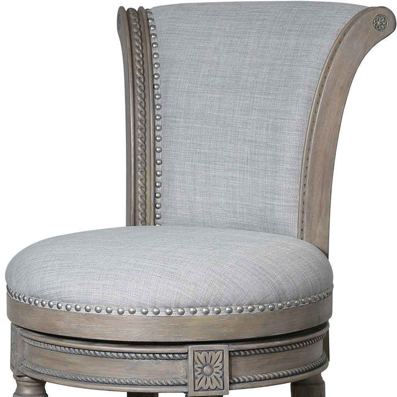 30" Gray Solid Wood and Linen Bar Height Swivel Bar Chair