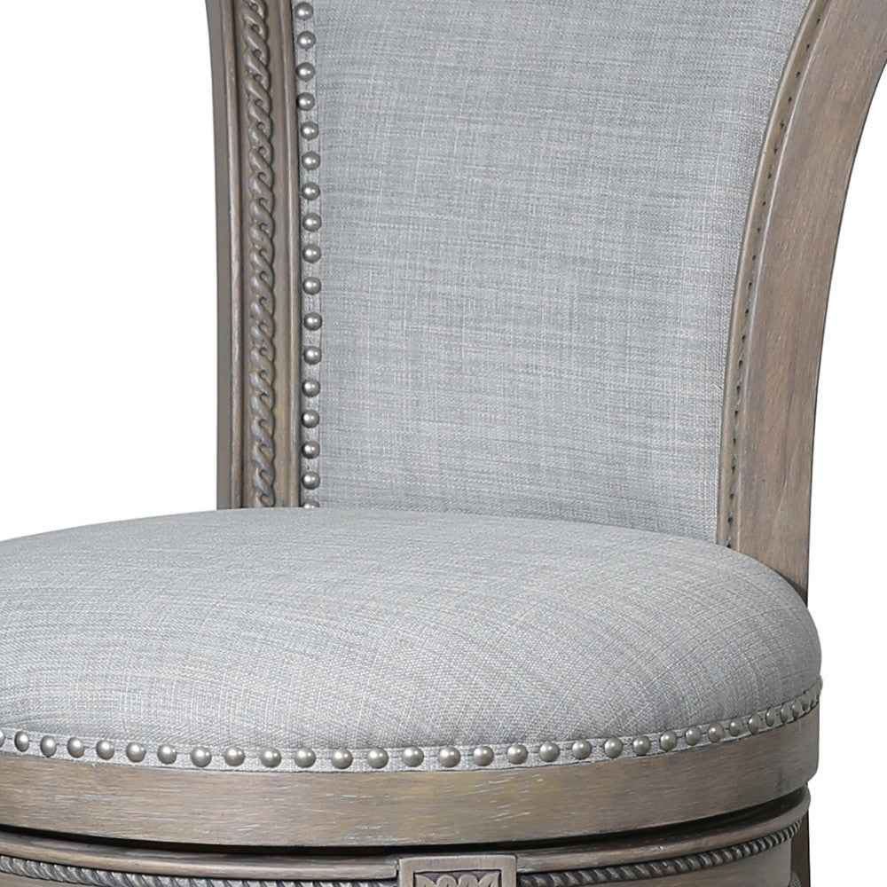 30" Gray Solid Wood and Linen Bar Height Swivel Bar Chair