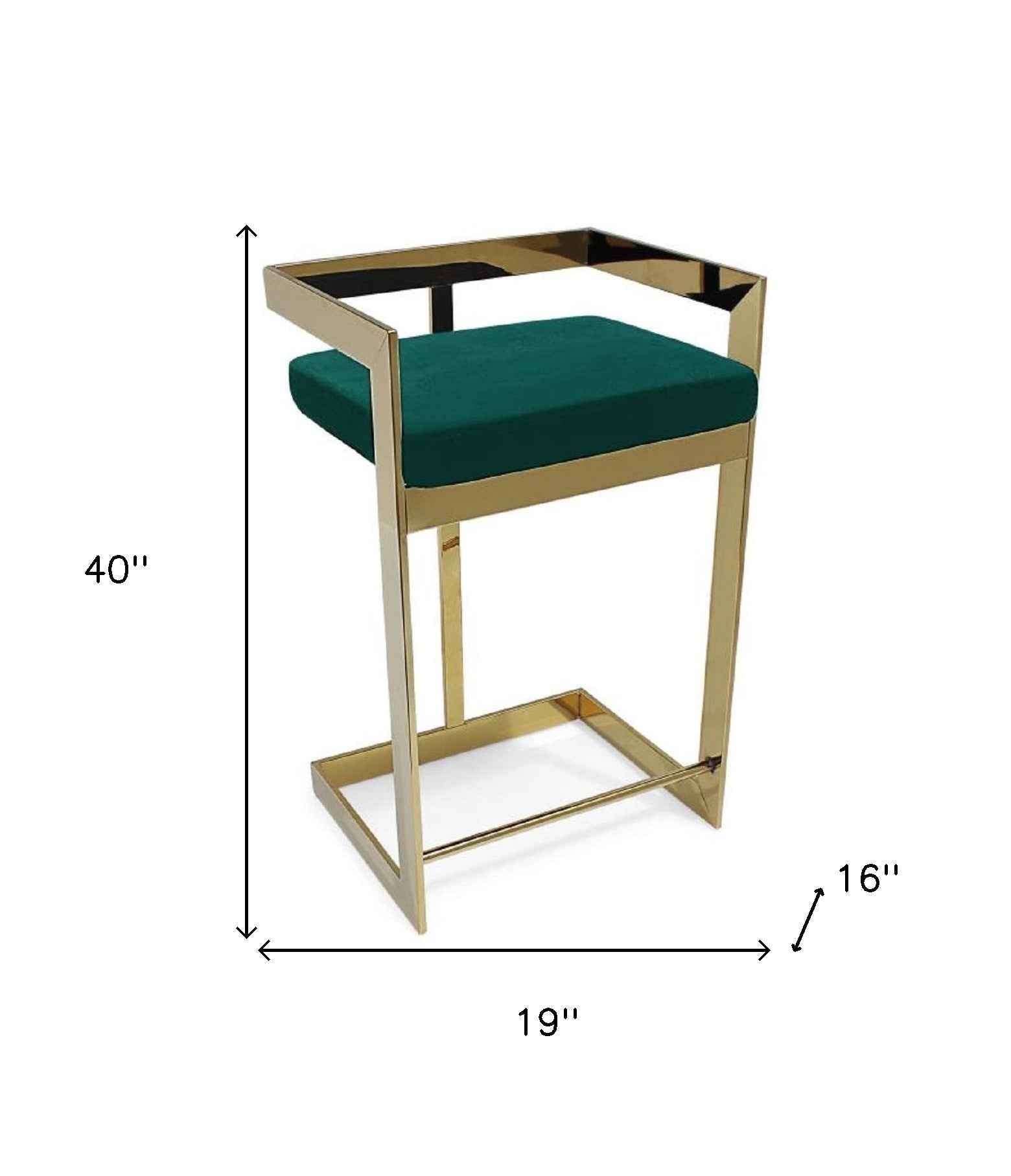 30" Green and Gold Metal and Velvet Low Back Bar Height Bar Chair