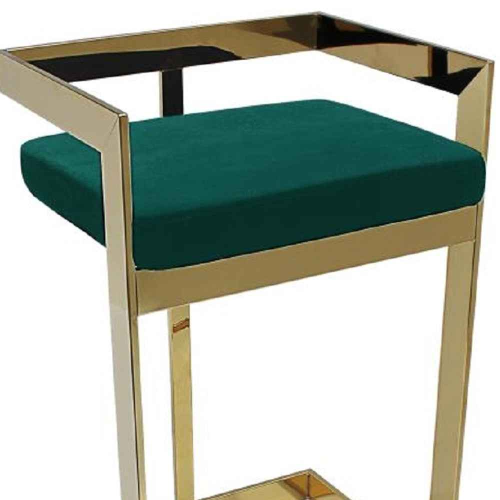 30" Green and Gold Metal and Velvet Low Back Bar Height Bar Chair