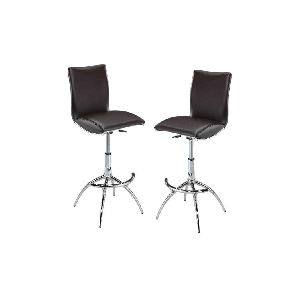 Set of Two Brown and Silver Metal and Faux Leather Low Back Adjustable Height Bar Chairs