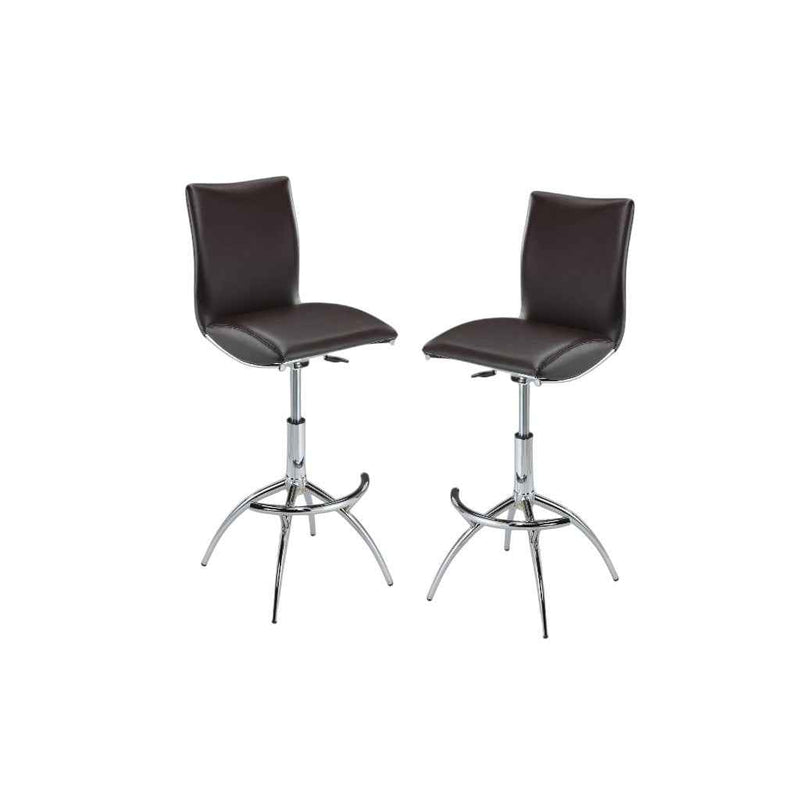 Set of Two Brown and Silver Metal and Faux Leather Low Back Adjustable Height Bar Chairs