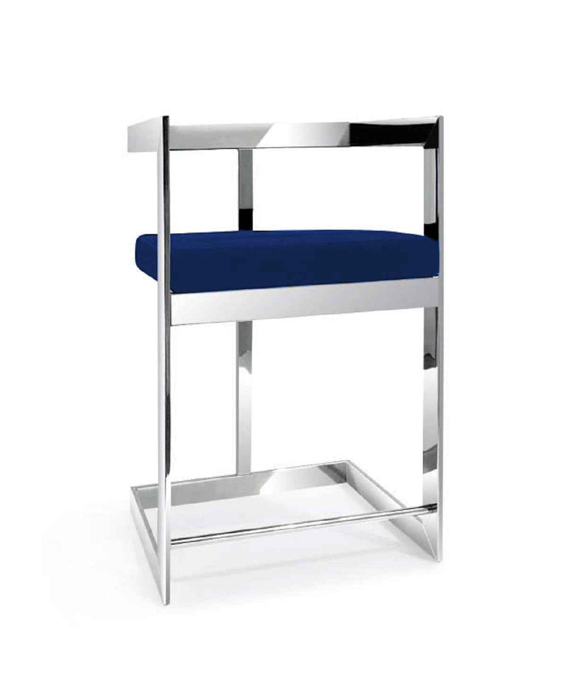 30" Blue and Silver Metal and Velvet Low Back Bar Height Bar Chair