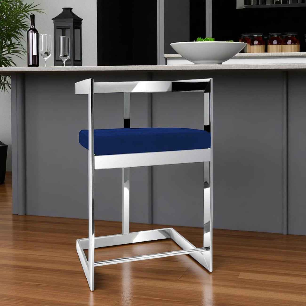 30" Blue and Silver Metal and Velvet Low Back Bar Height Bar Chair