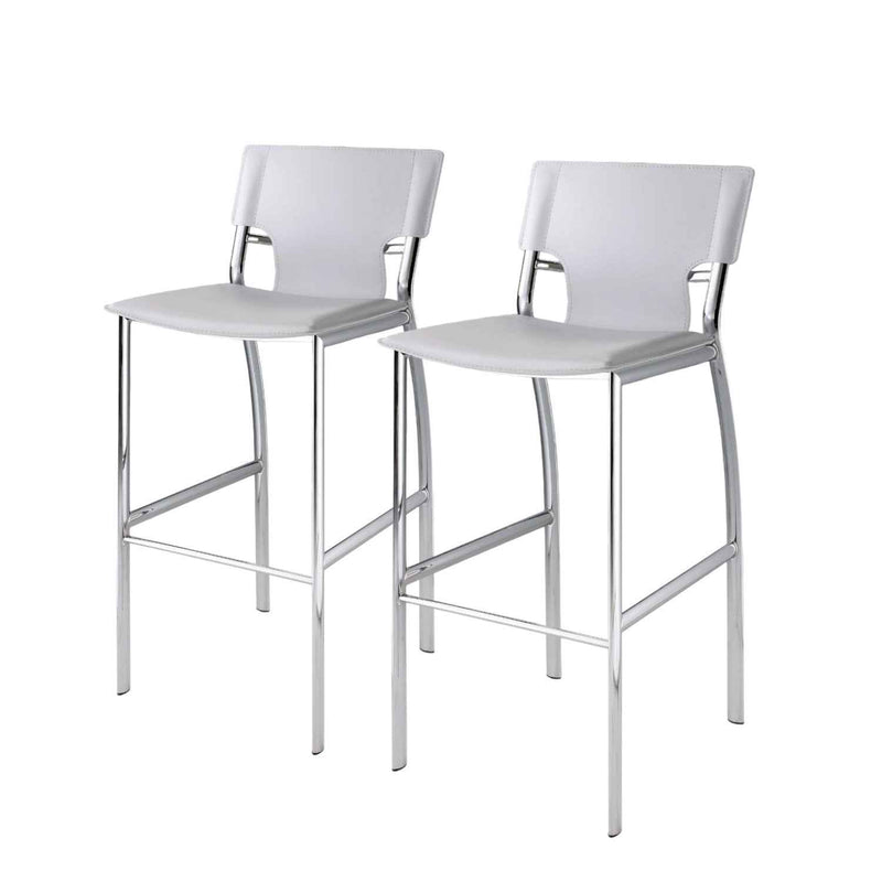 Set of Two 29" White and Silver Metal and Faux Leather Low Back Bar Height Bar Chairs