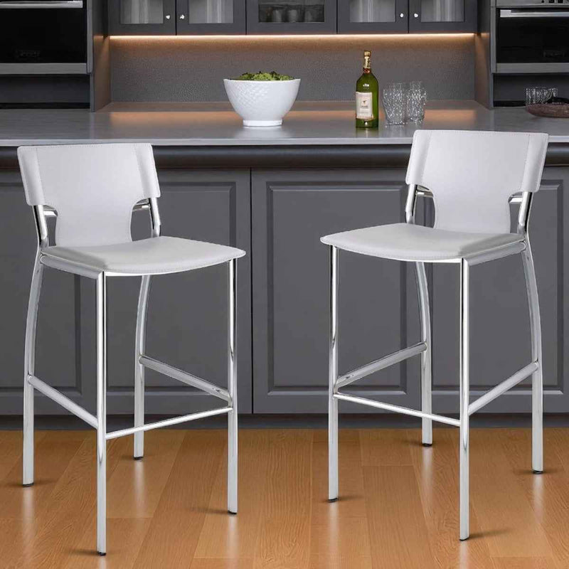 Set of Two 29" White and Silver Metal and Faux Leather Low Back Bar Height Bar Chairs