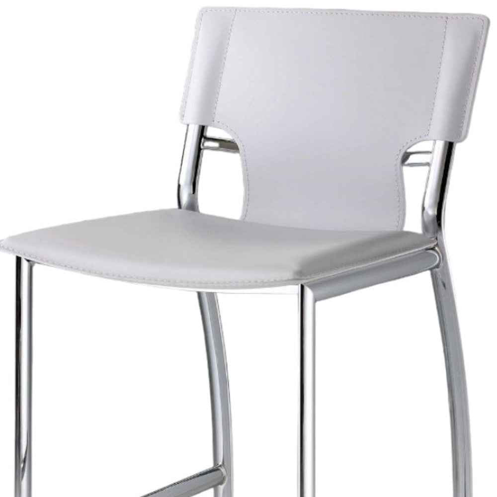Set of Two 29" White and Silver Metal and Faux Leather Low Back Bar Height Bar Chairs