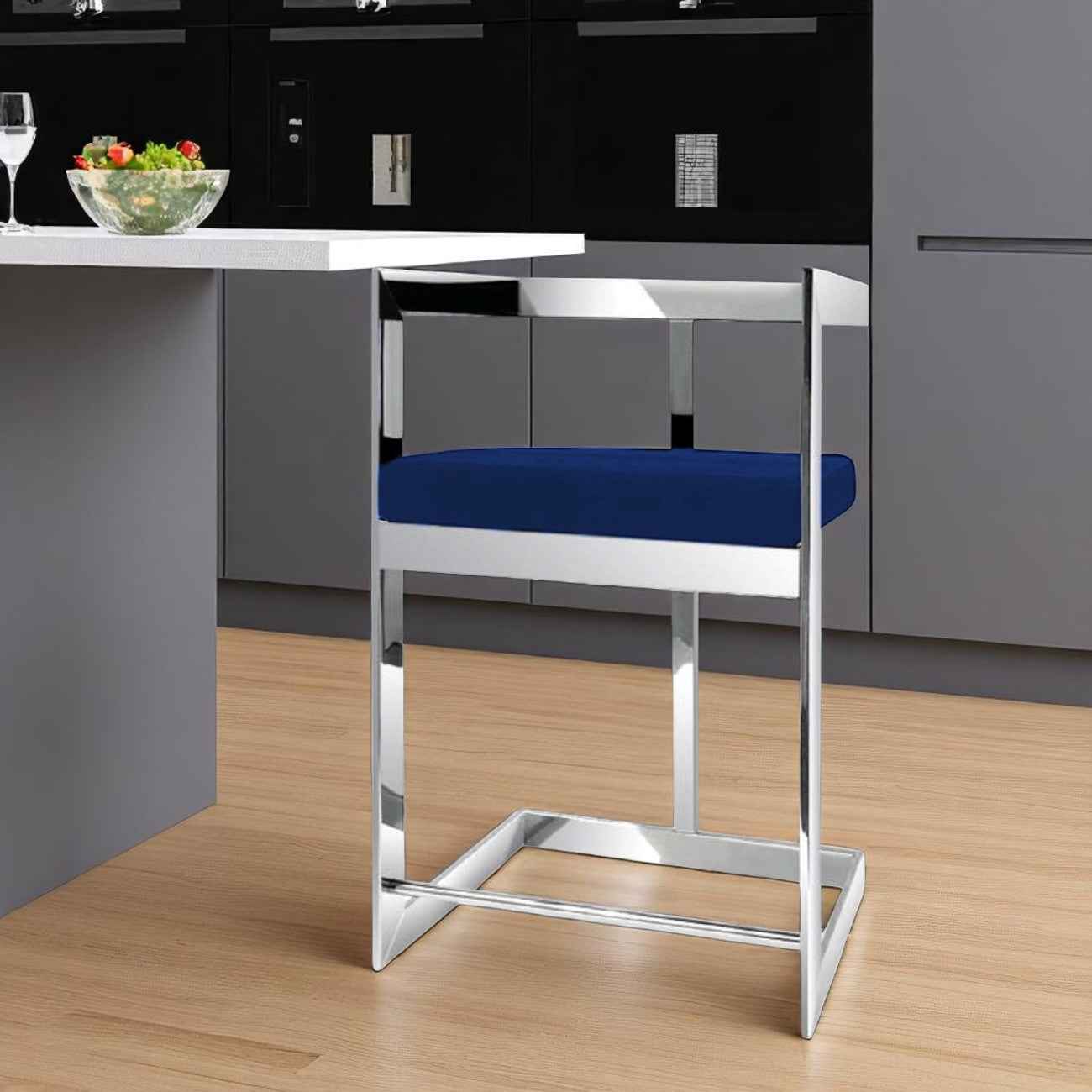 26" Blue and Silver Metal and Velvet Low Back Counter Height Bar Chair