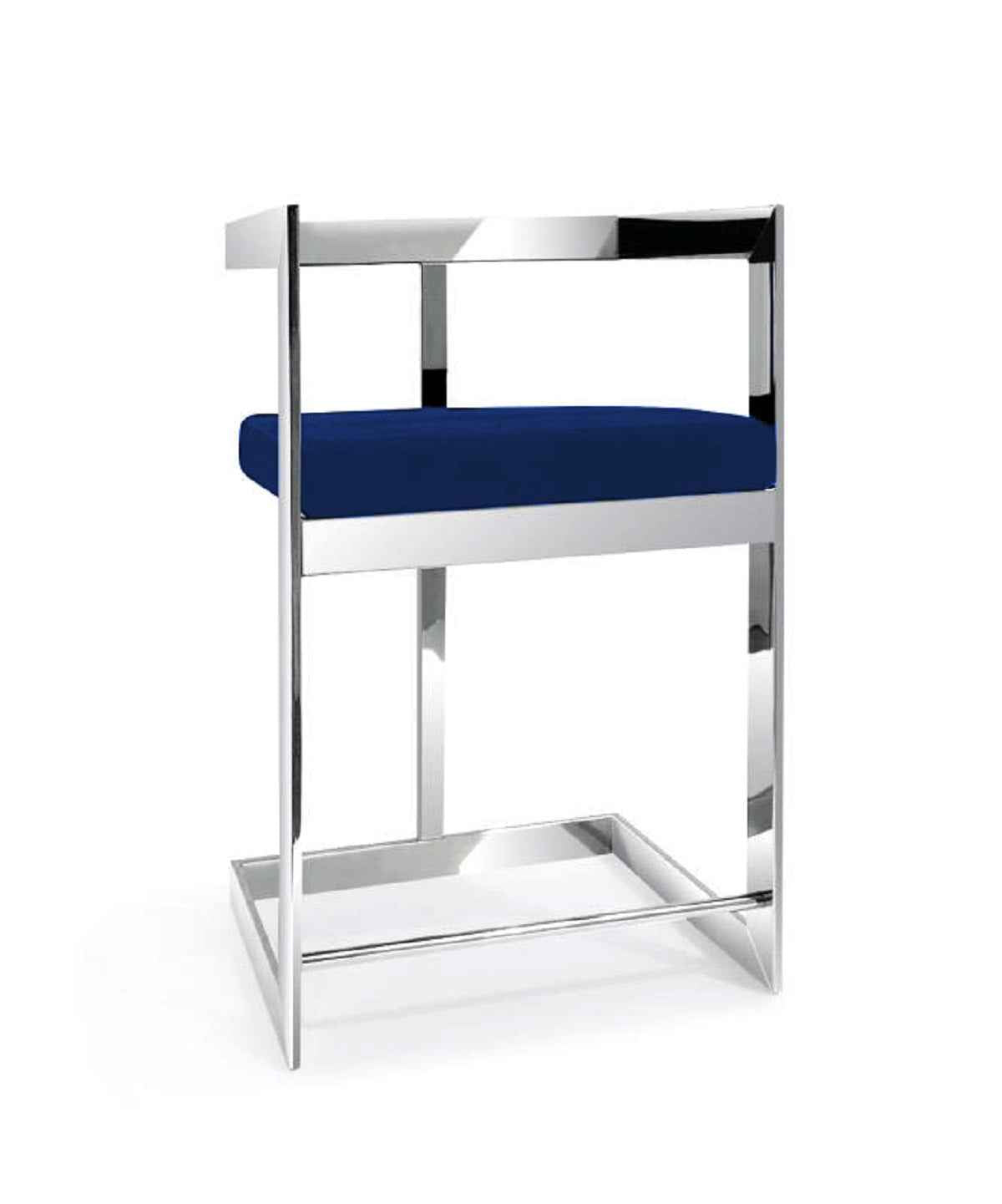 26" Blue and Silver Metal and Velvet Low Back Counter Height Bar Chair