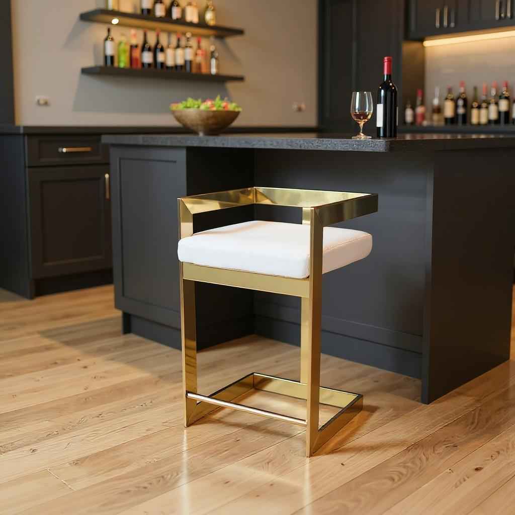 26" Gold and Gray Metal and Velvet Low Back Counter Height Bar Chair