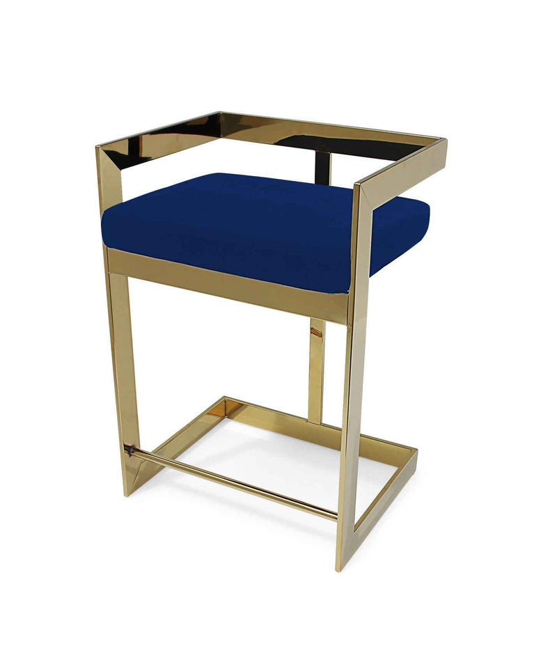 26" Blue and Gold Metal and Velvet Low Back Counter Height Bar Chair