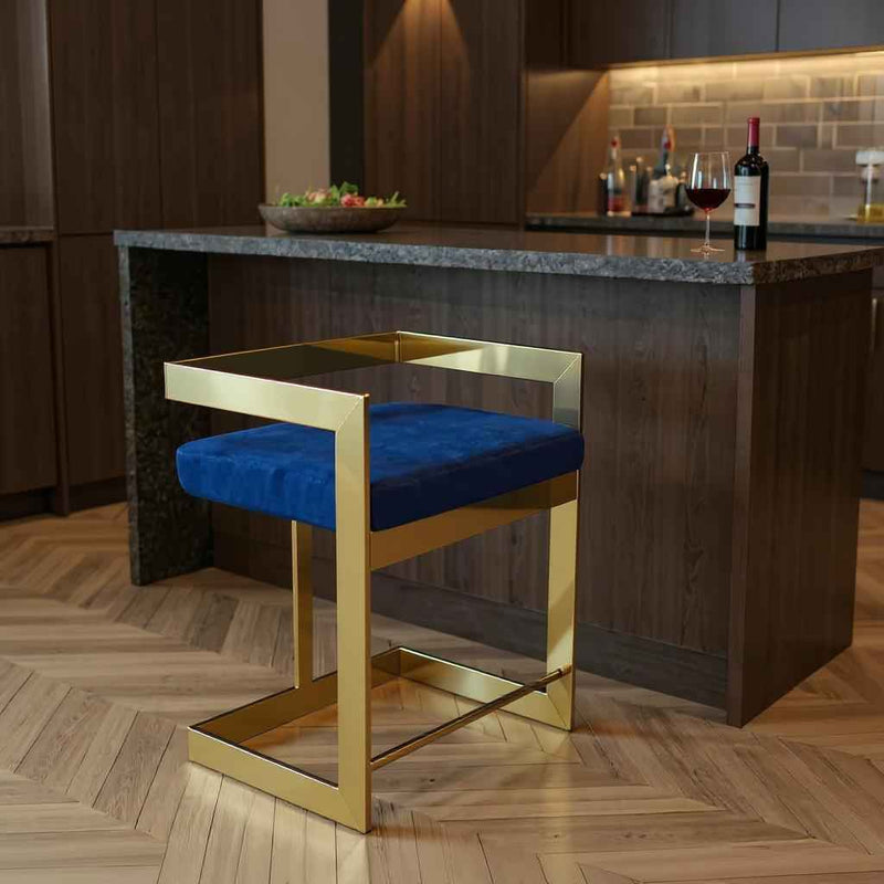 26" Blue and Gold Metal and Velvet Low Back Counter Height Bar Chair