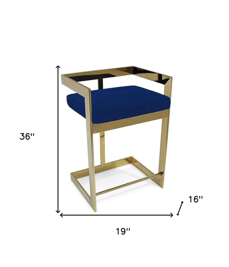 26" Blue and Gold Metal and Velvet Low Back Counter Height Bar Chair