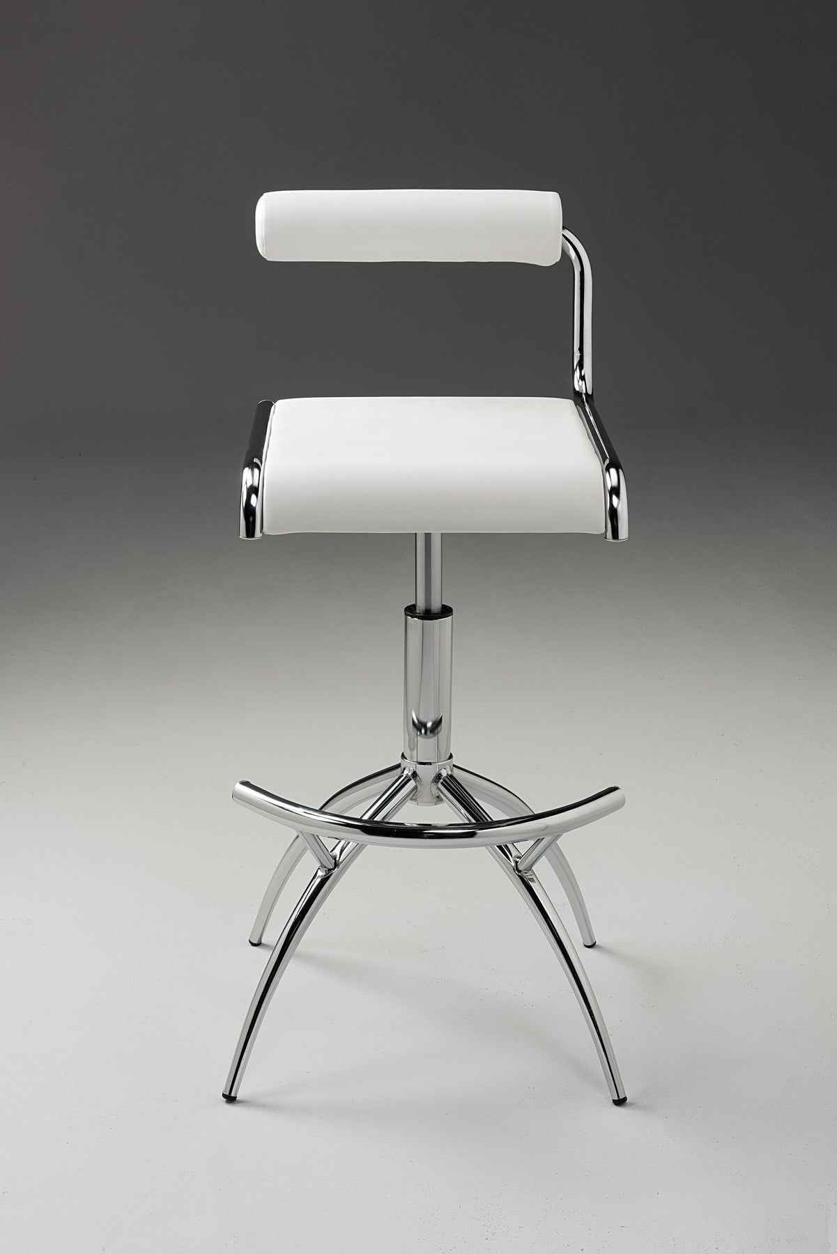 Set of Two White and Silver Metal and Faux Leather Low Back Adjustable Height Bar Chairs