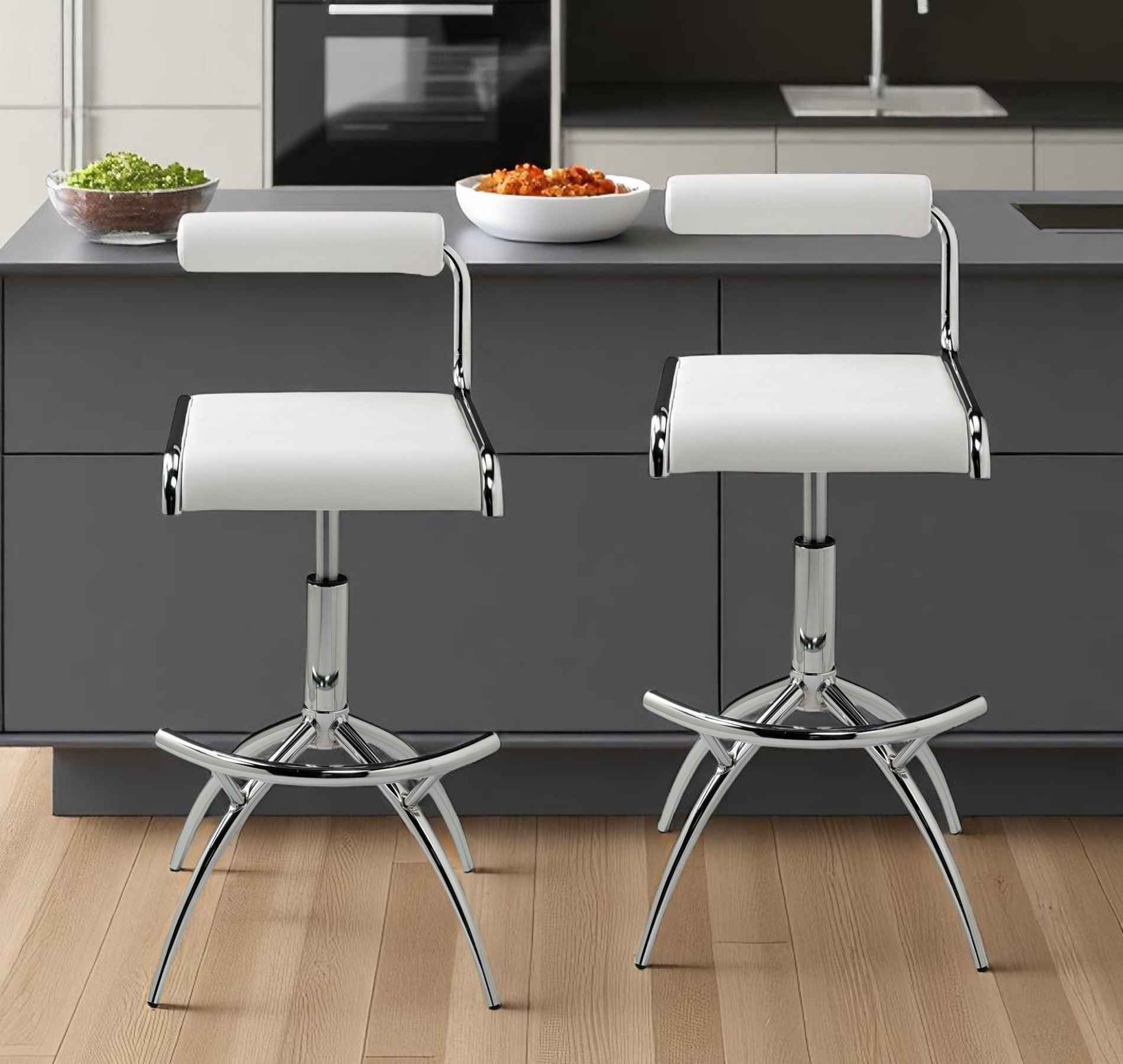Set of Two White and Silver Metal and Faux Leather Low Back Adjustable Height Bar Chairs