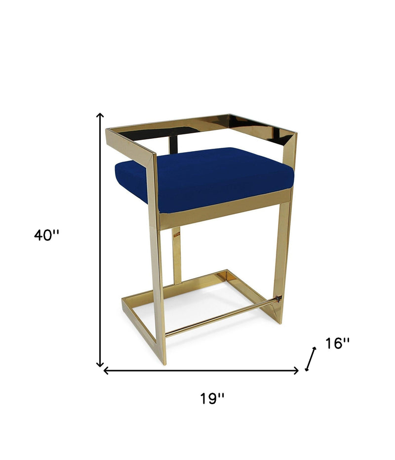 30" Blue and Gold Metal and Velvet Low Back Bar Height Bar Chair