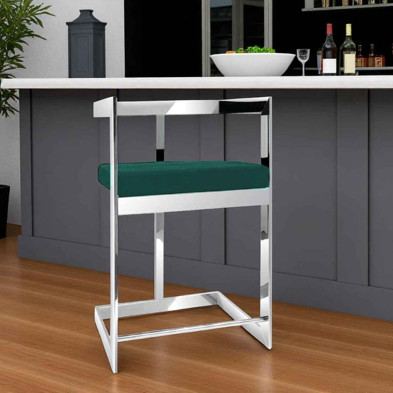 30" Green and Silver Metal and Velvet Low Back Bar Height Bar Chair