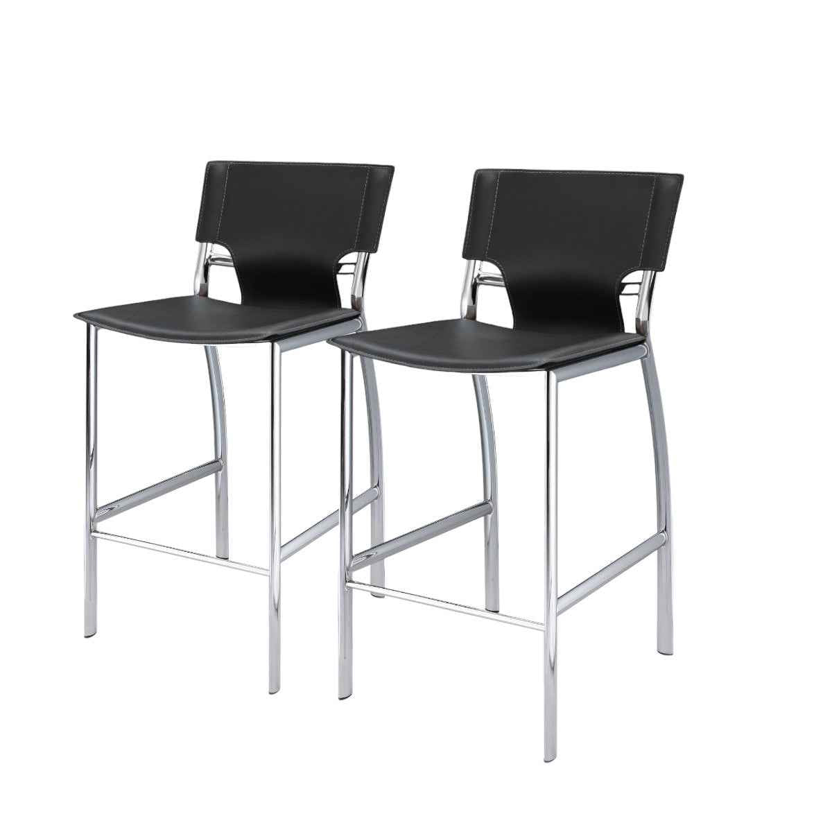 Set of Two 29" Gray and Silver Metal and Faux Leather Low Back Bar Height Bar Chairs