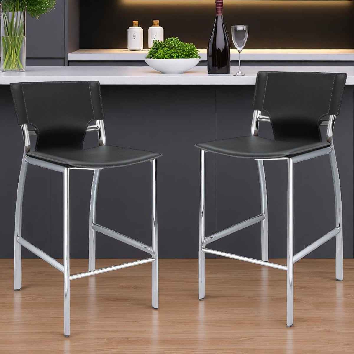 Set of Two 29" Gray and Silver Metal and Faux Leather Low Back Bar Height Bar Chairs