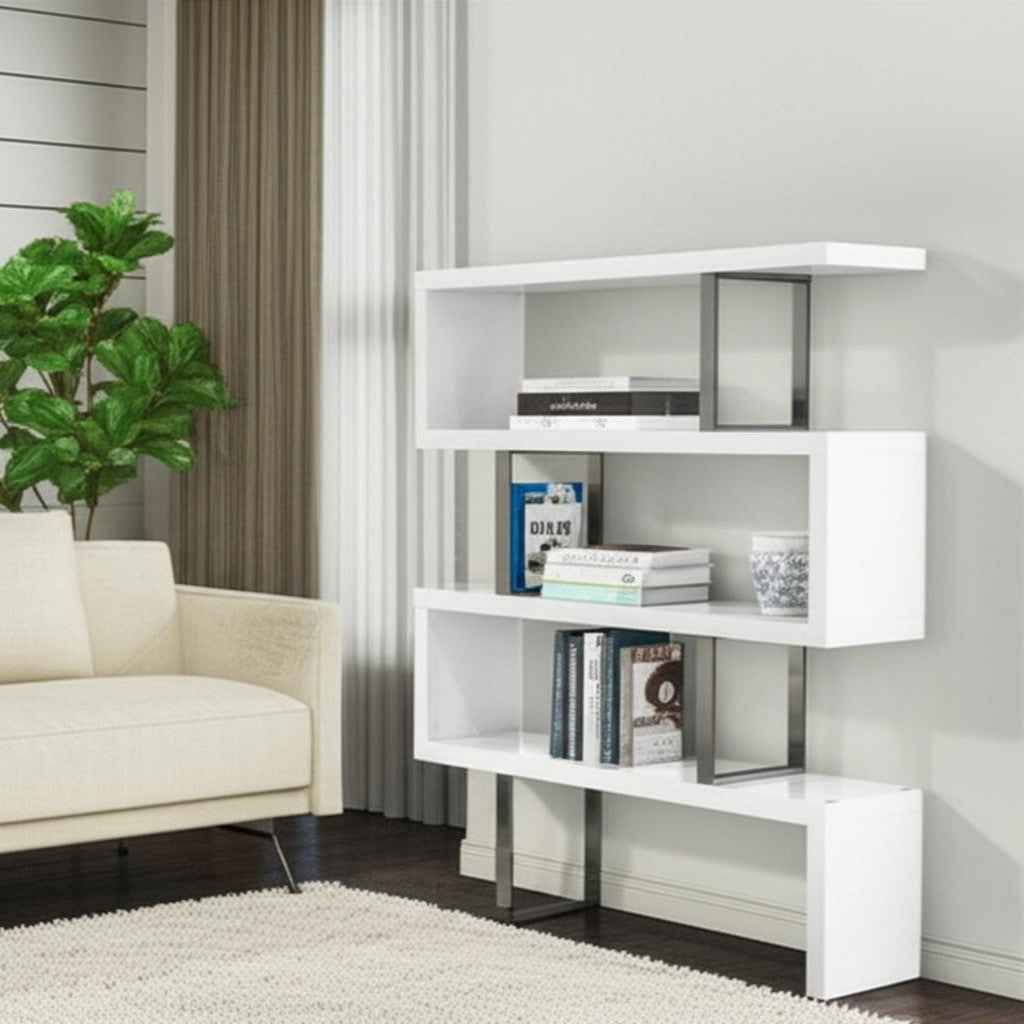67" White And Silver Metal and Wood Three Tier Etagere Bookcase