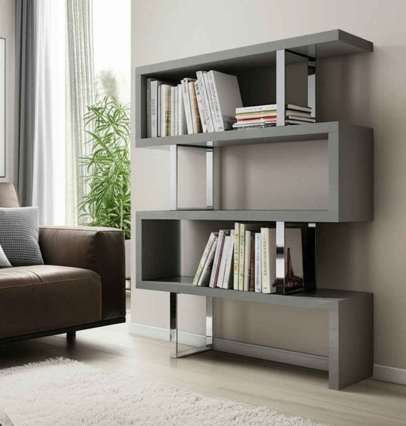 67" Gray And Silver Metal and Wood Three Tier Etagere Bookcase