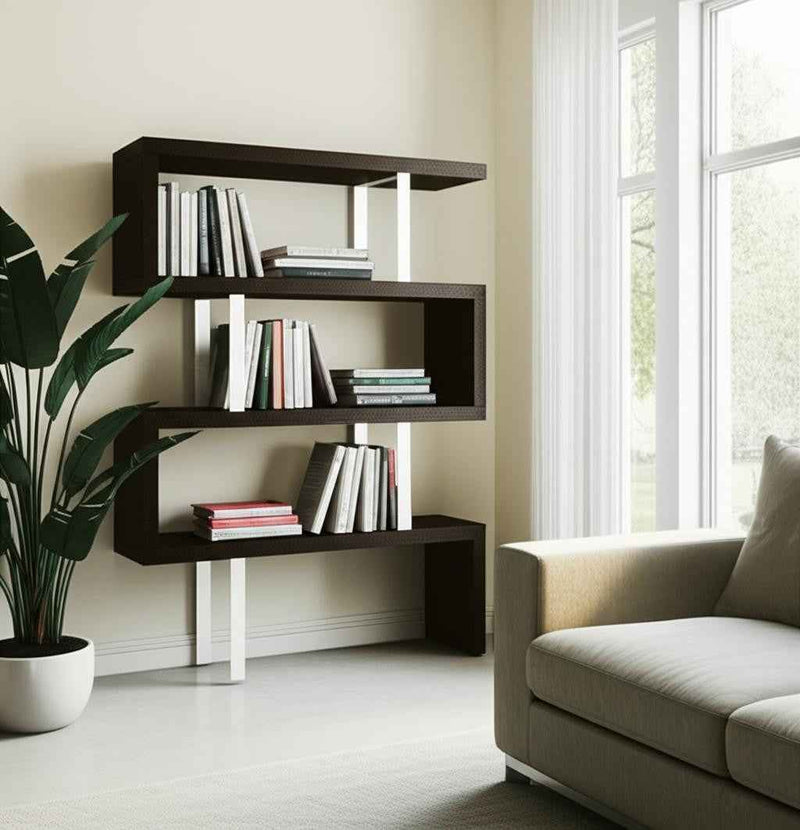 67" Black And Silver Metal and Wood Three Tier Etagere Bookcase