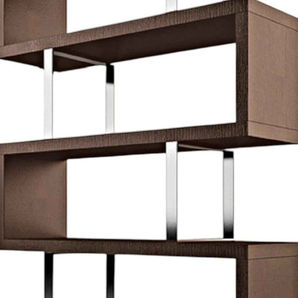 67" Brown And Silver Metal and Wood Three Tier Etagere Bookcase