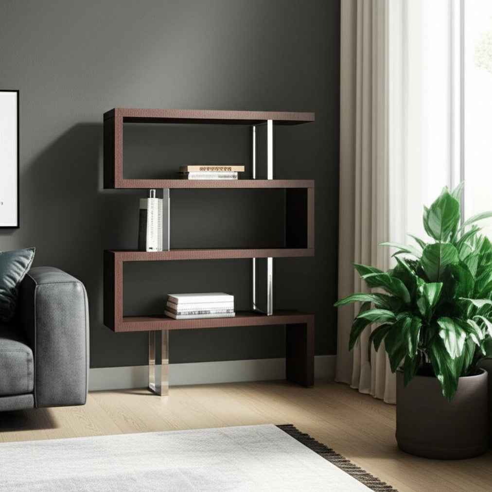 67" Brown And Silver Metal and Wood Three Tier Etagere Bookcase