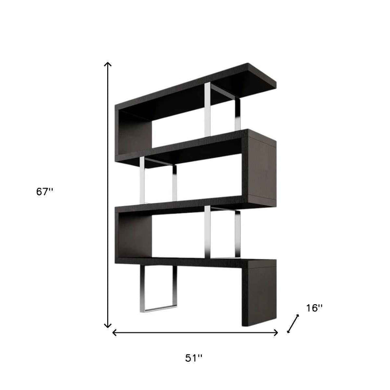 67" Black And Silver Metal and Wood Three Tier Etagere Bookcase