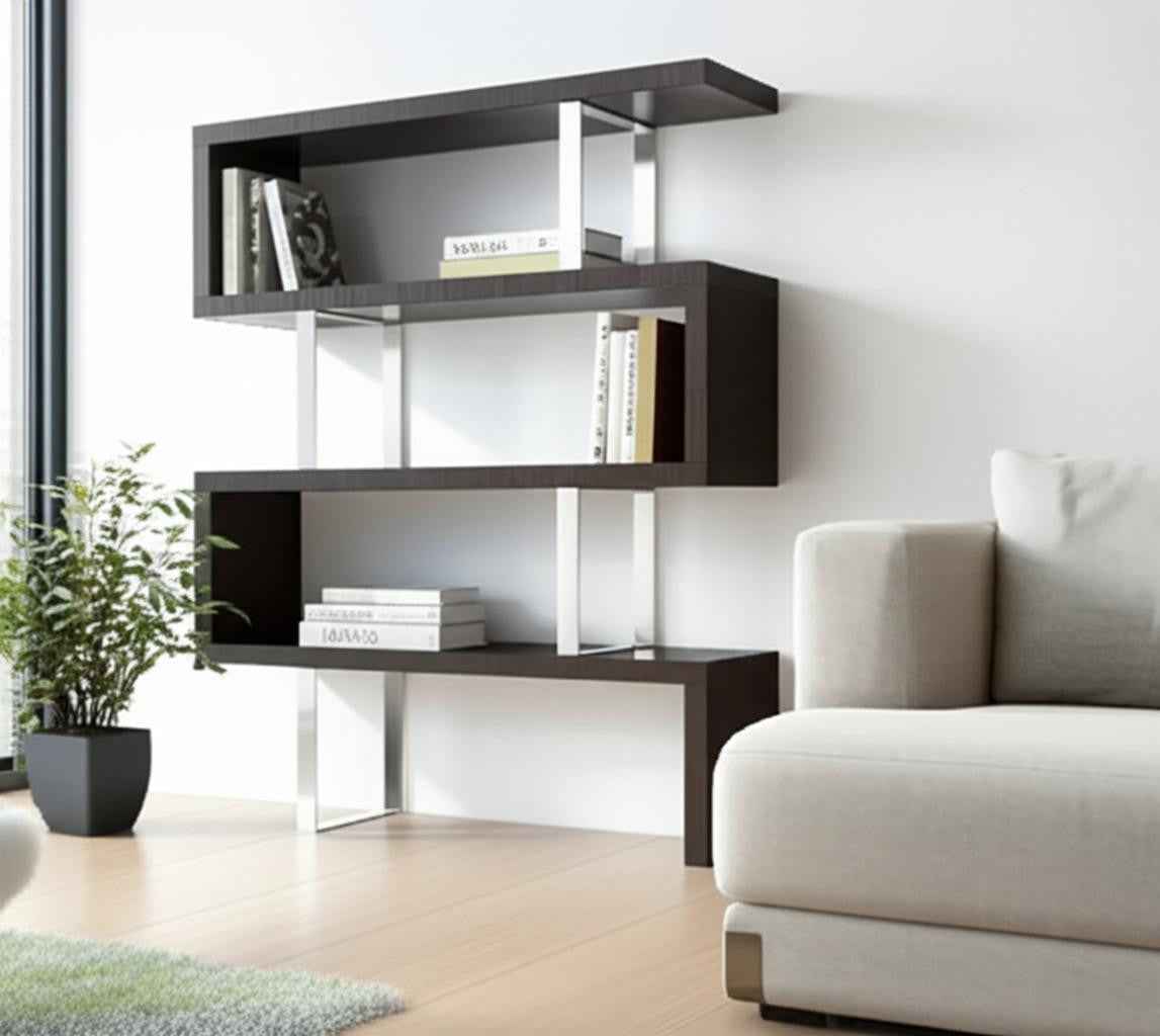 67" Black And Silver Metal and Wood Three Tier Etagere Bookcase