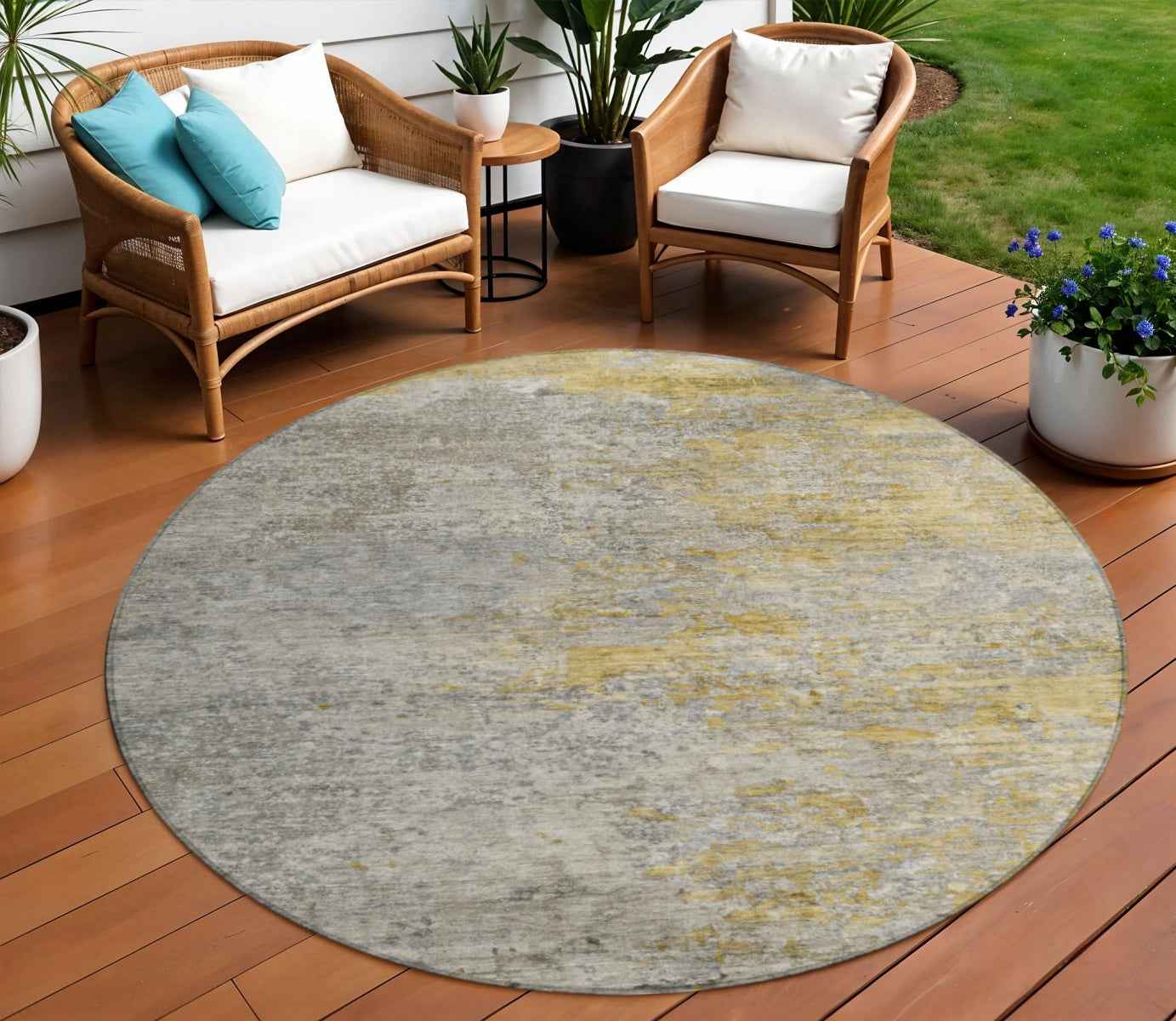8' Gray Round Abstract Washable Indoor Outdoor Area Rug