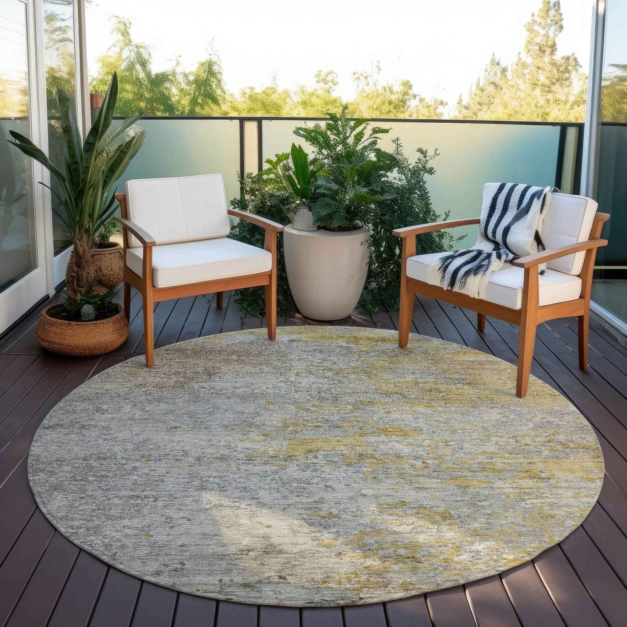 8' Gray Round Abstract Washable Indoor Outdoor Area Rug