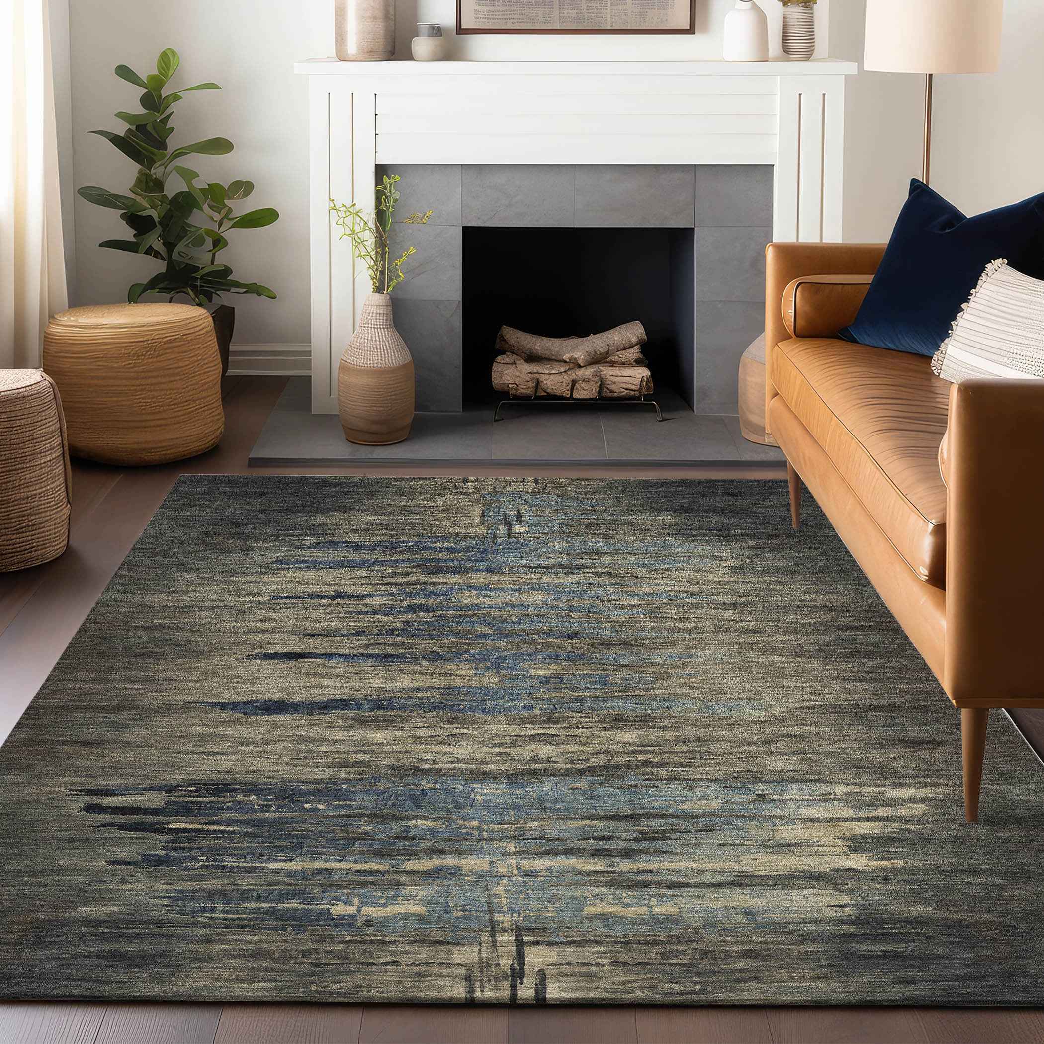 5' X 8' Coffee Abstract Washable Indoor Outdoor Area Rug