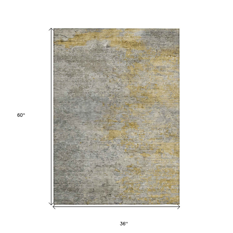 3' X 5' Gray Abstract Washable Indoor Outdoor Area Rug