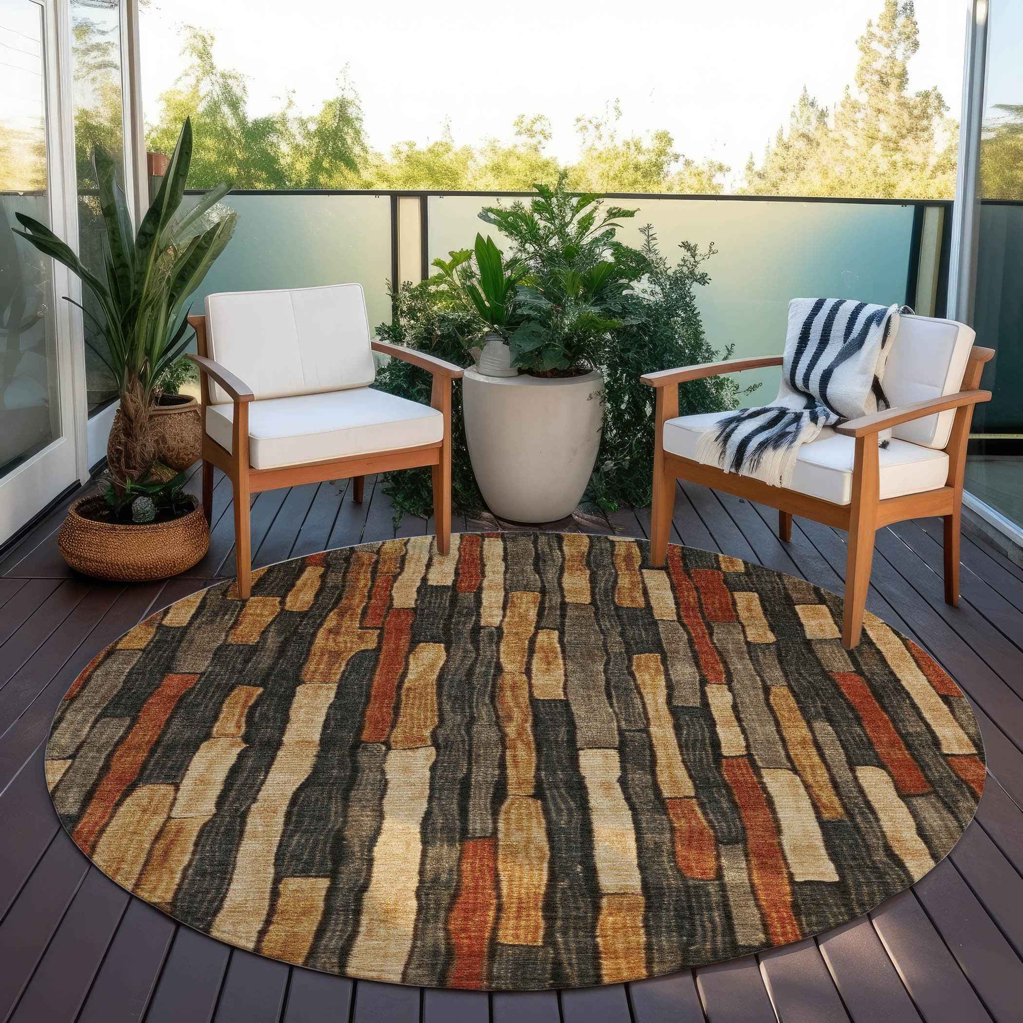 8' Coffee And Brown Round Striped Washable Indoor Outdoor Area Rug