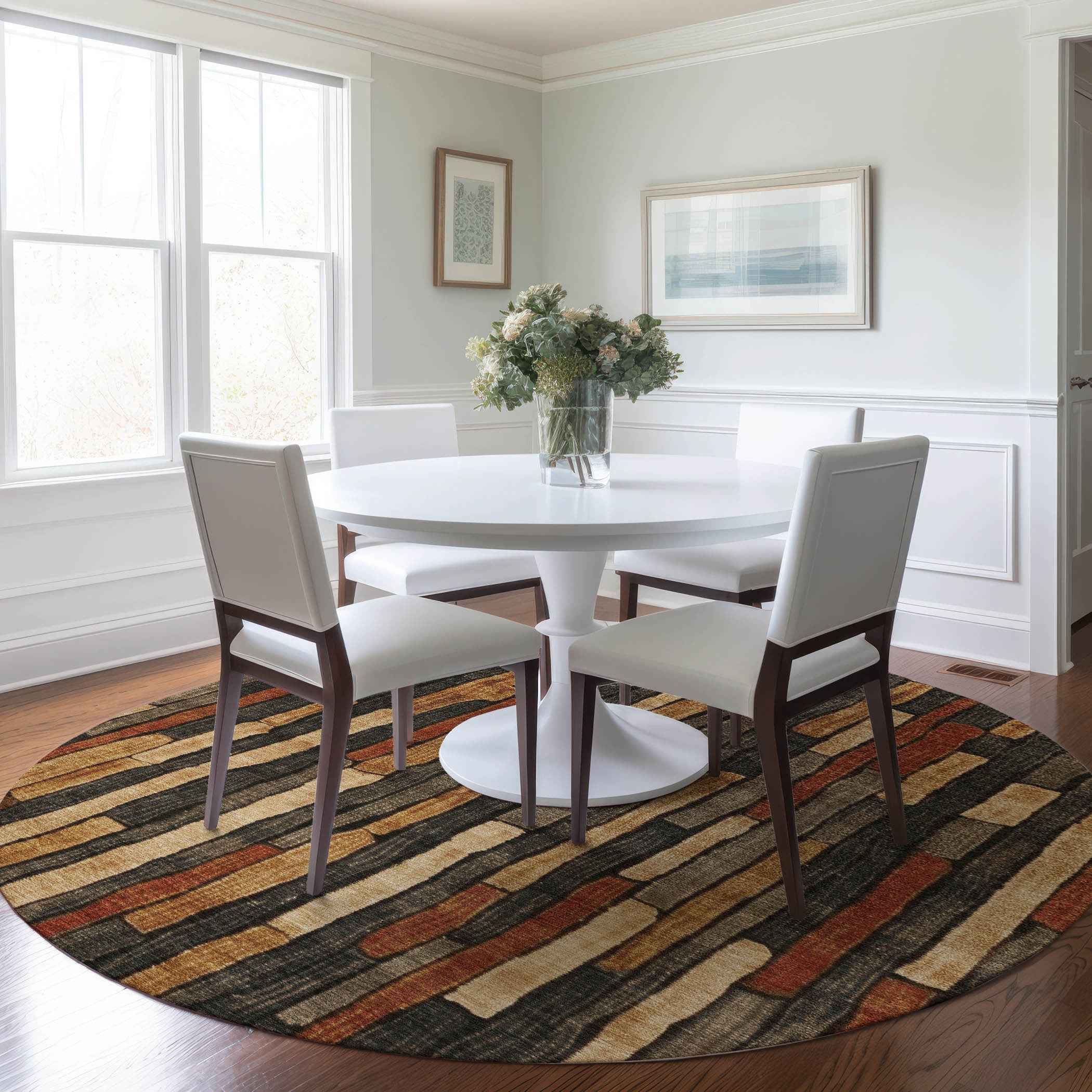 8' Coffee And Brown Round Striped Washable Indoor Outdoor Area Rug