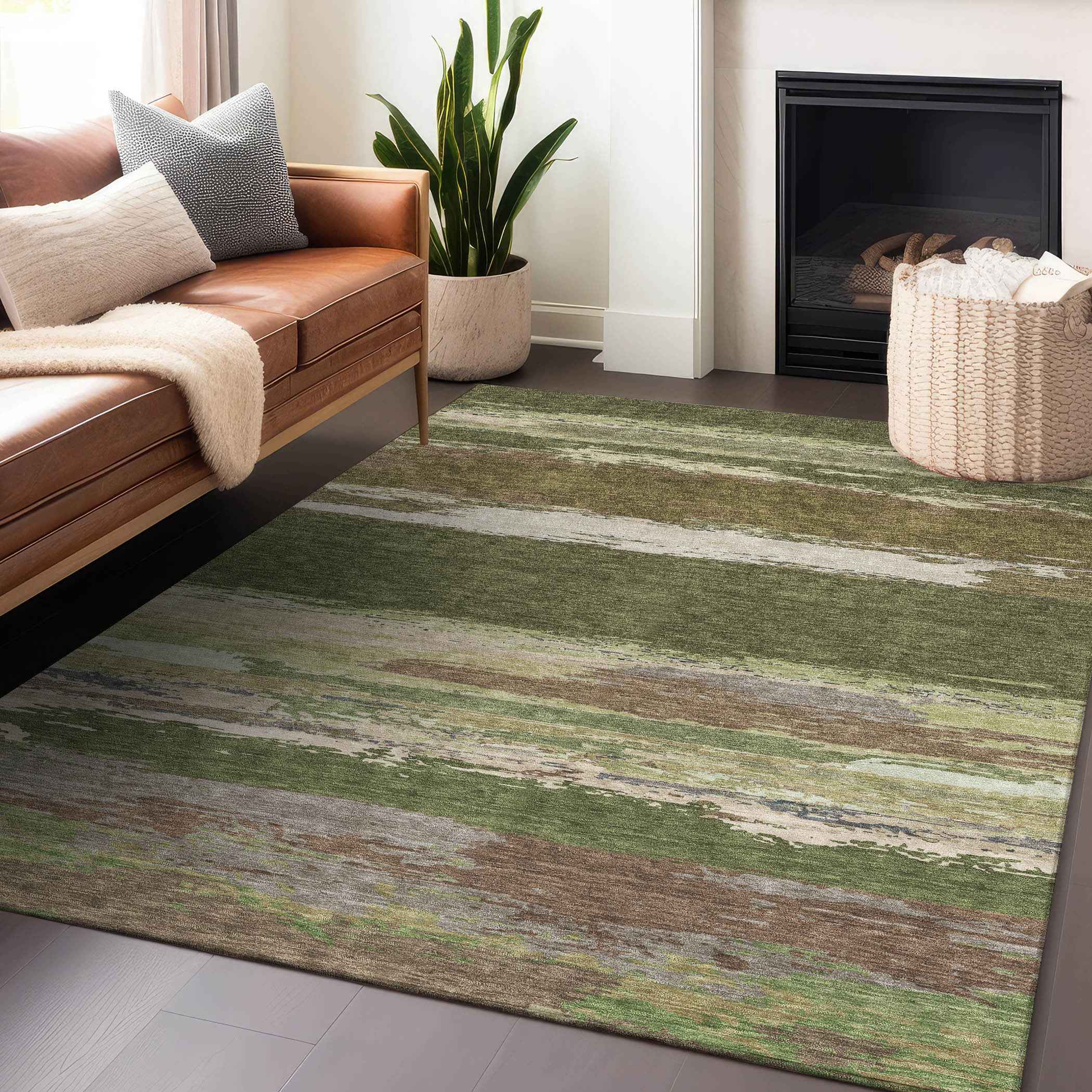 5' X 8' Olive Green Abstract Washable Indoor Outdoor Area Rug