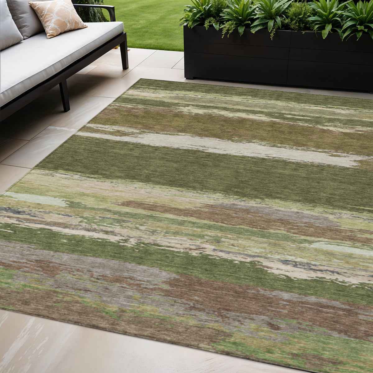 5' X 8' Olive Green Abstract Washable Indoor Outdoor Area Rug