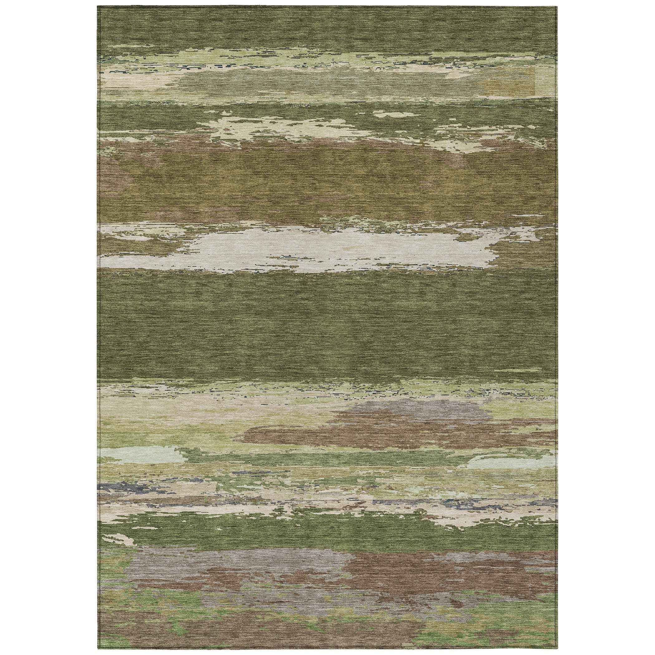 5' X 8' Olive Green Abstract Washable Indoor Outdoor Area Rug