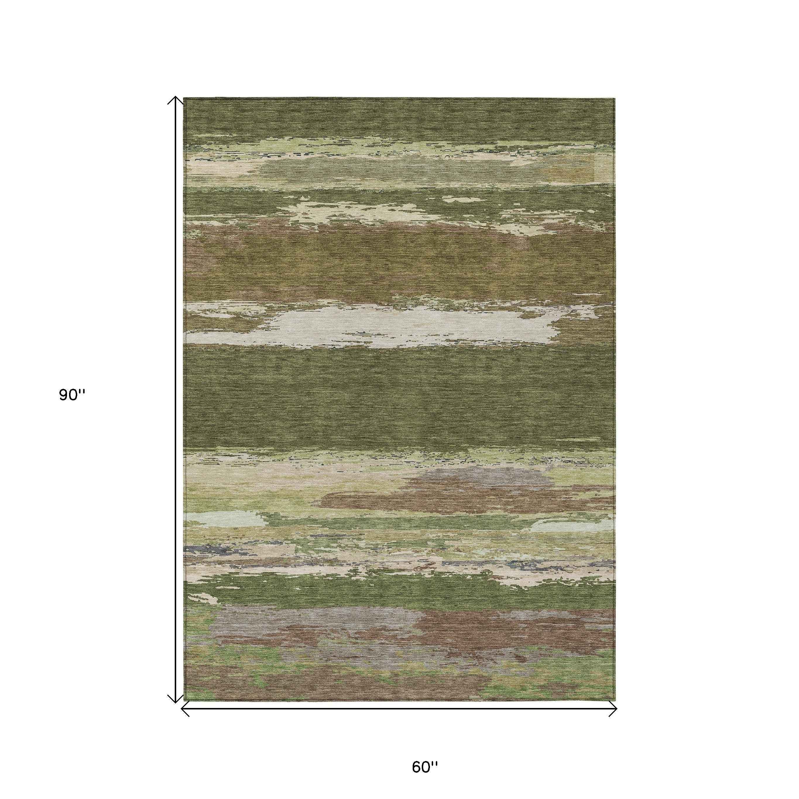 5' X 8' Olive Green Abstract Washable Indoor Outdoor Area Rug