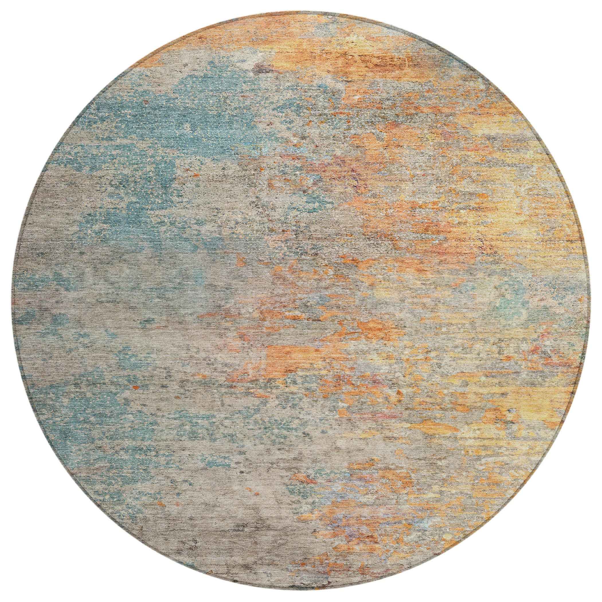 8' Teal Blue Round Abstract Washable Indoor Outdoor Area Rug