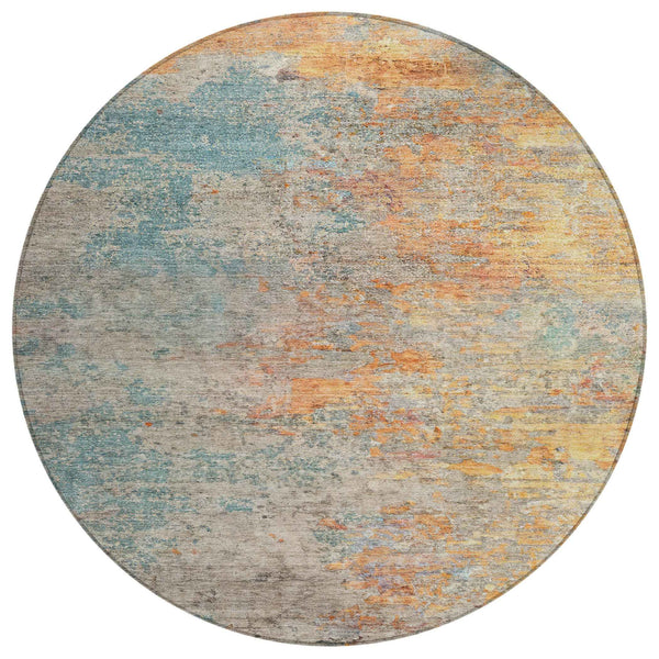 8' Teal Blue Round Abstract Washable Indoor Outdoor Area Rug